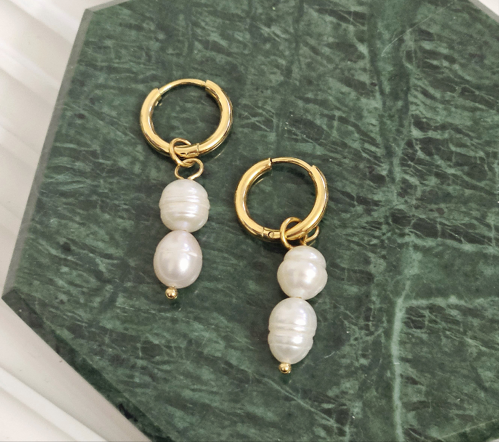 Double Dangle Freshwater Pearl Hoop Earrings