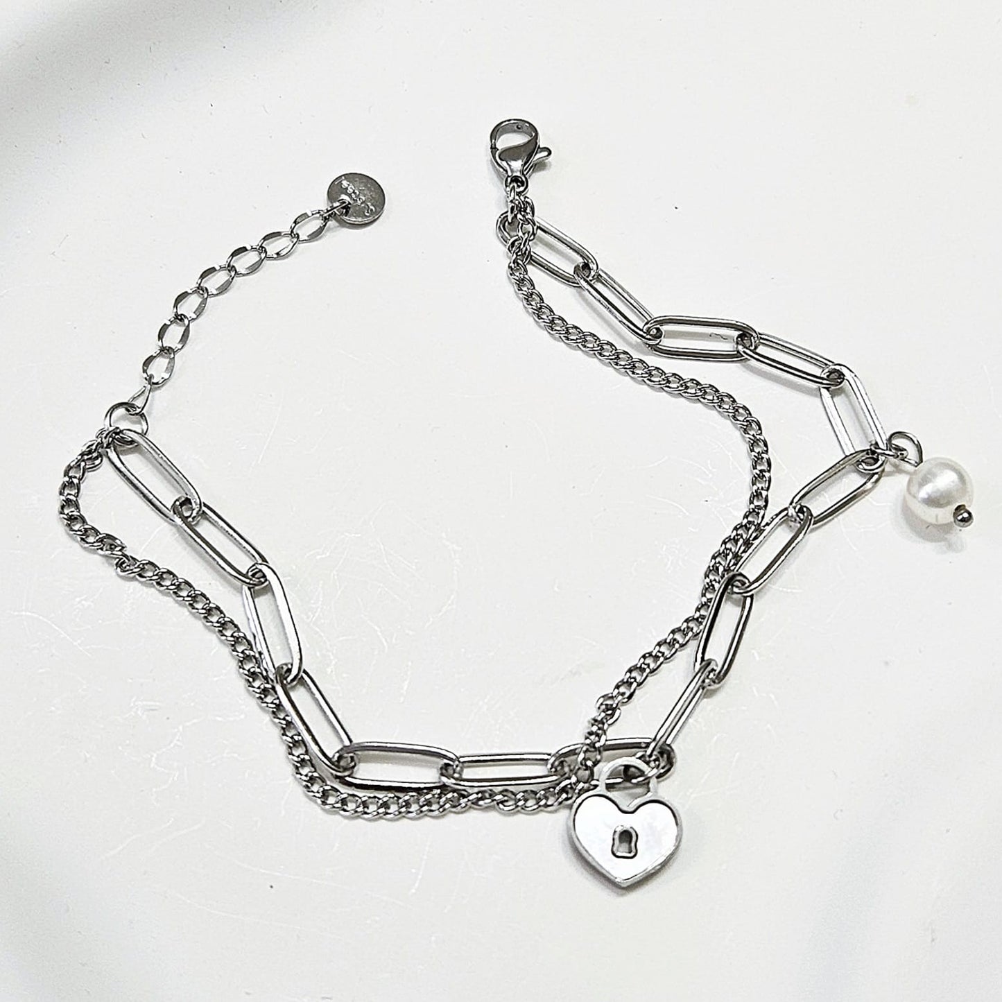 Heart Lock Freshwater Pearl Bracelet - Silver