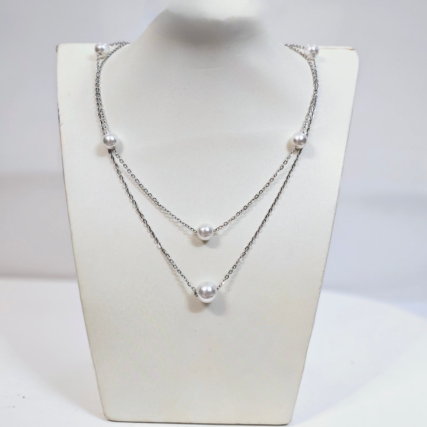 Double Layered Pearls Necklace - Silver or Gold