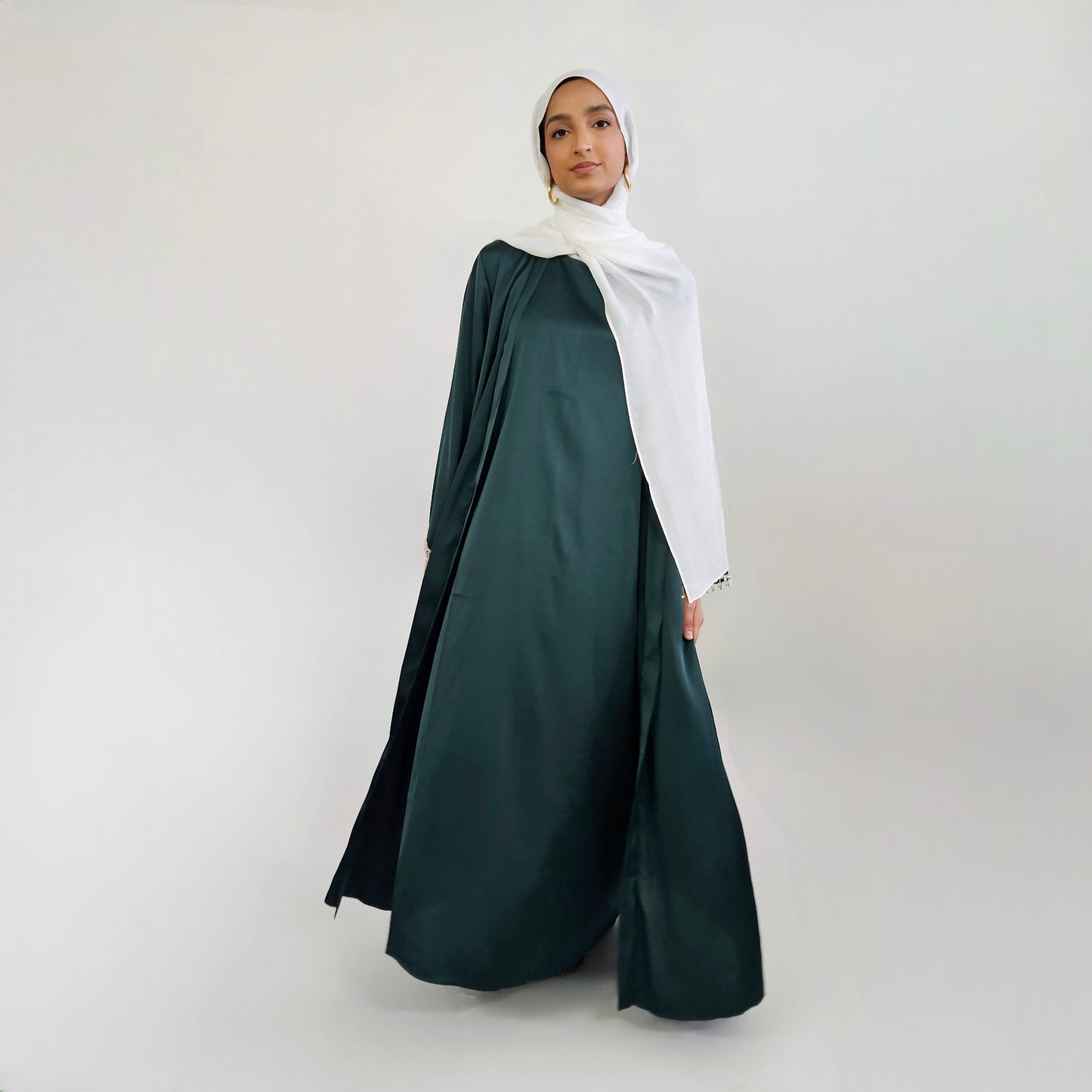 2 PC Inner & Outer Satin Gemmed Abaya - Emerald Green