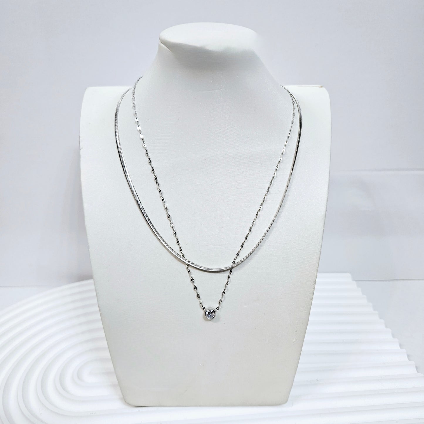 Double Layered Single Gem Necklace - Silver or Gold