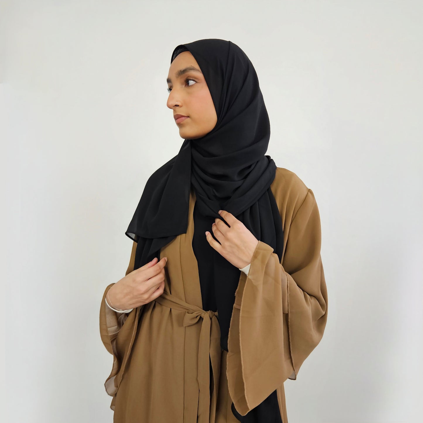 Tiered Open Chiffon Abaya - Chestnut Brown