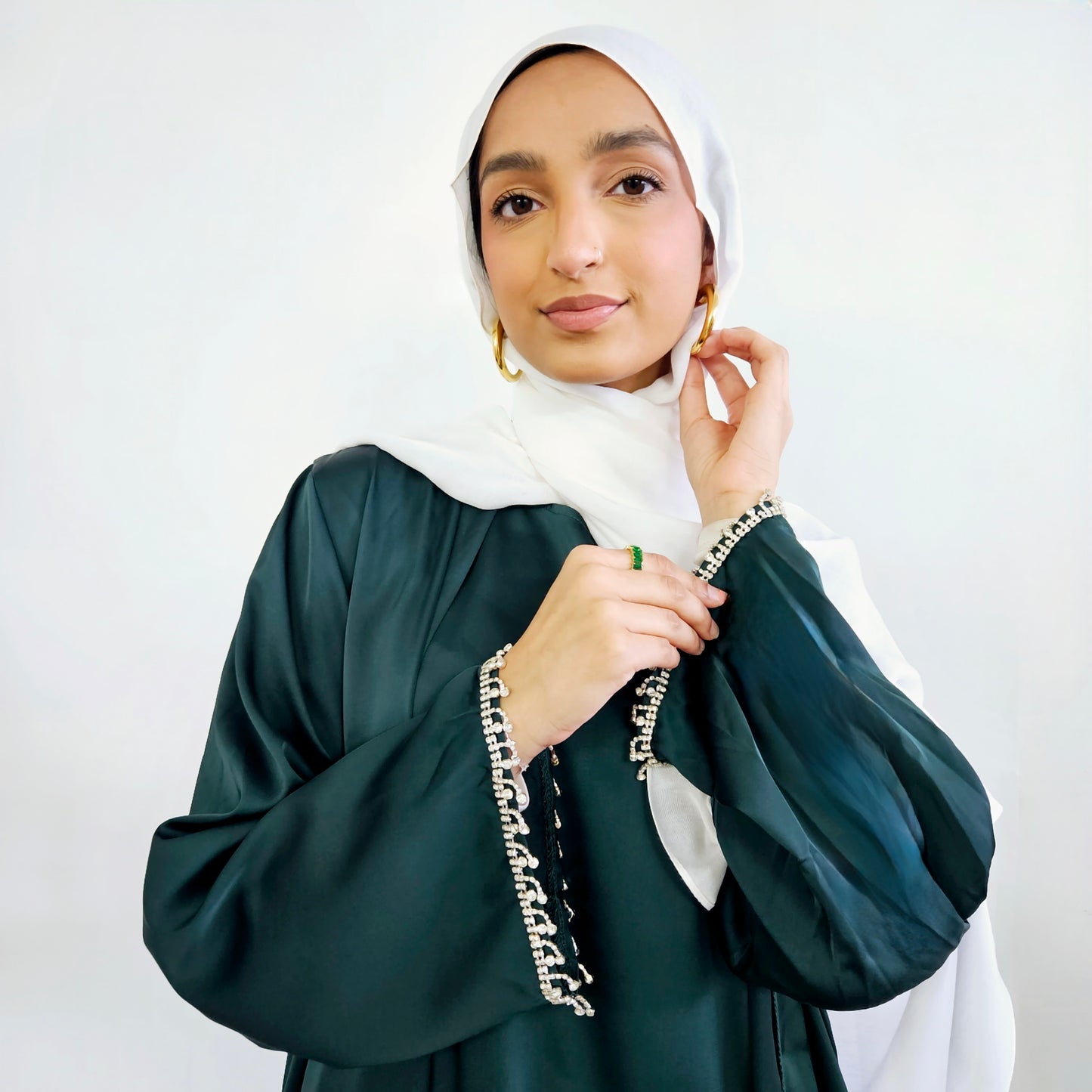 2 PC Inner & Outer Satin Gemmed Abaya - Emerald Green