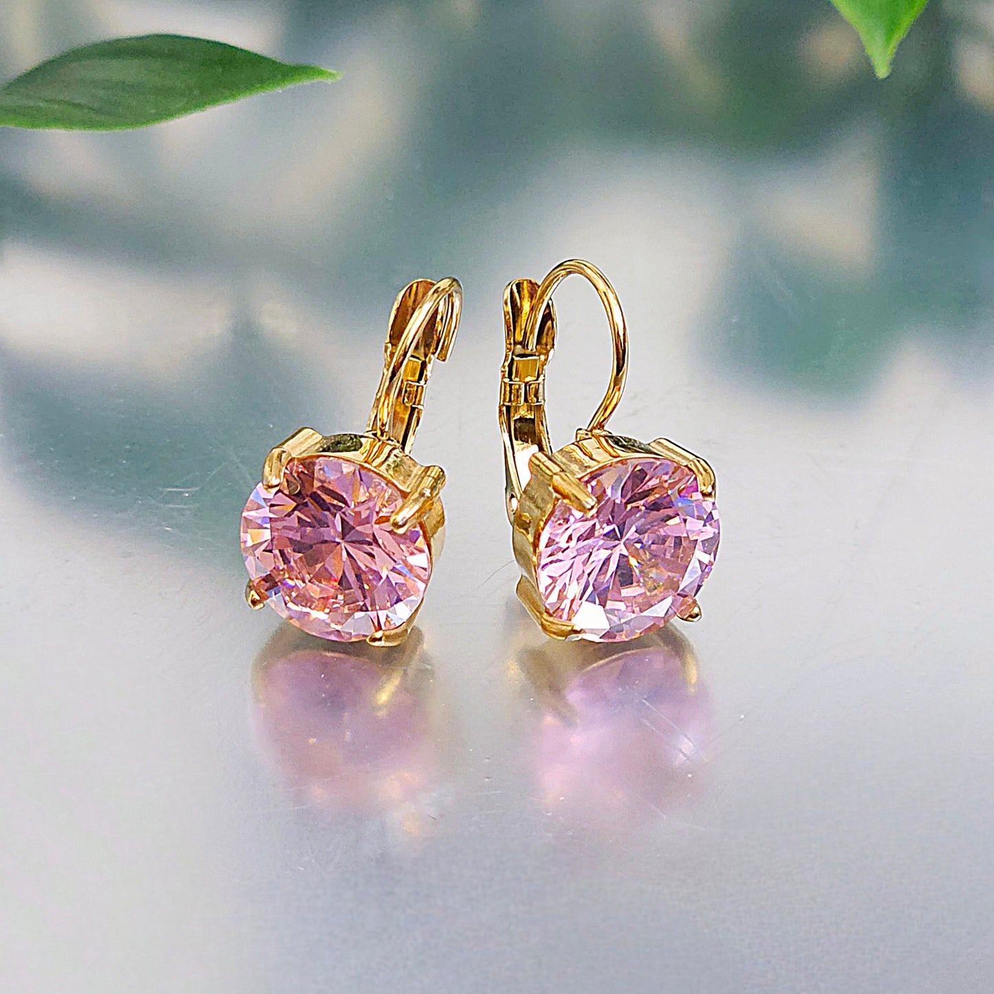 Square Clasp Hook Earrings - Pink Stone