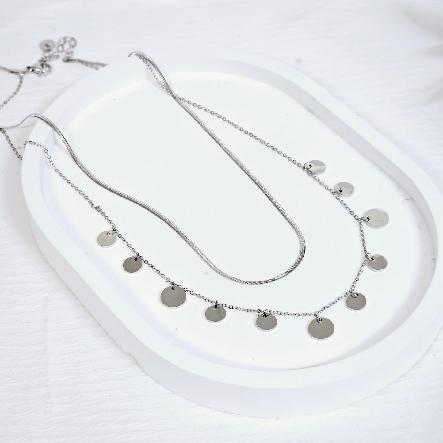 Double Layered Dangle Disc Necklace - Silver