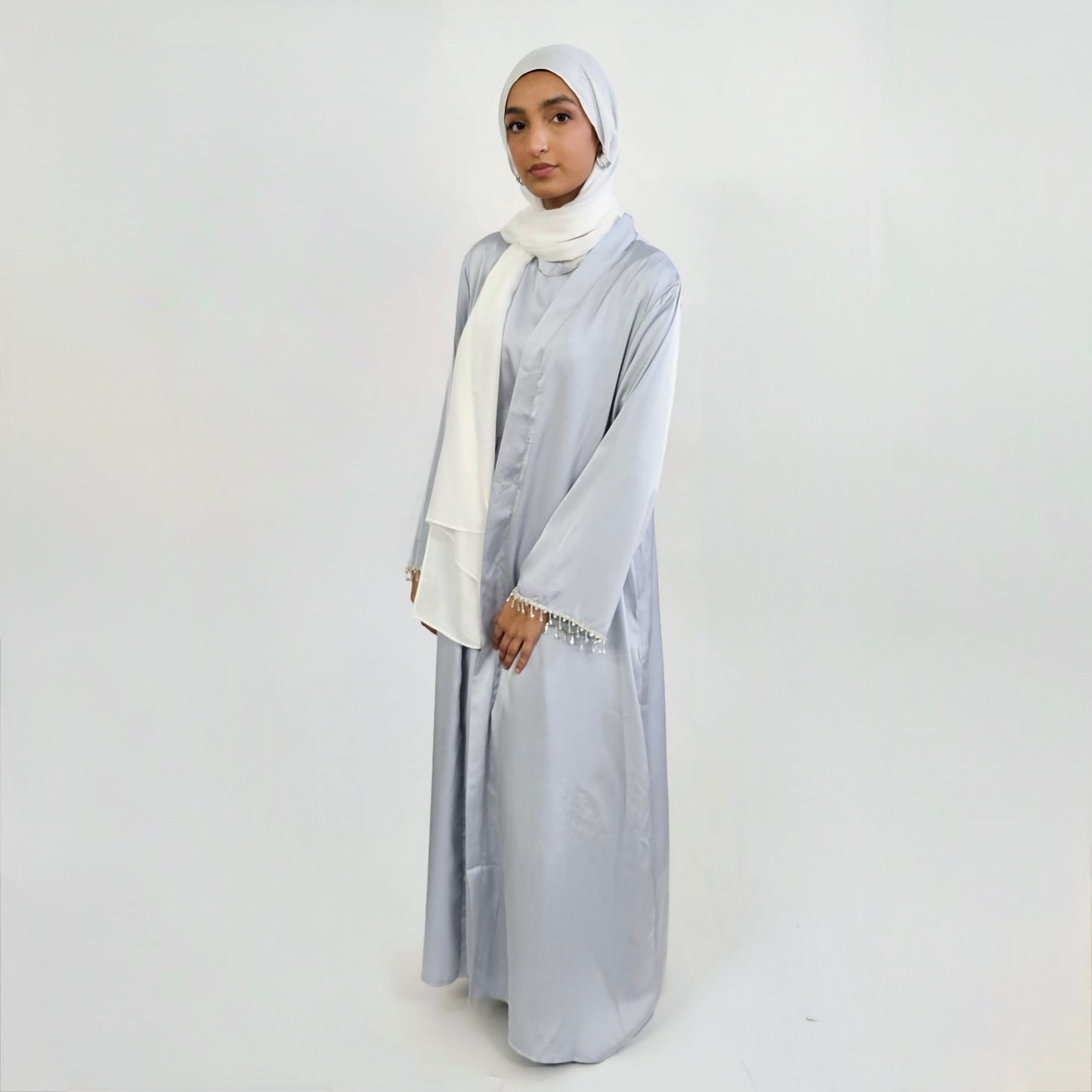 2 PC Inner & Outer Satin Gemmed Abaya - Light Silver Blue