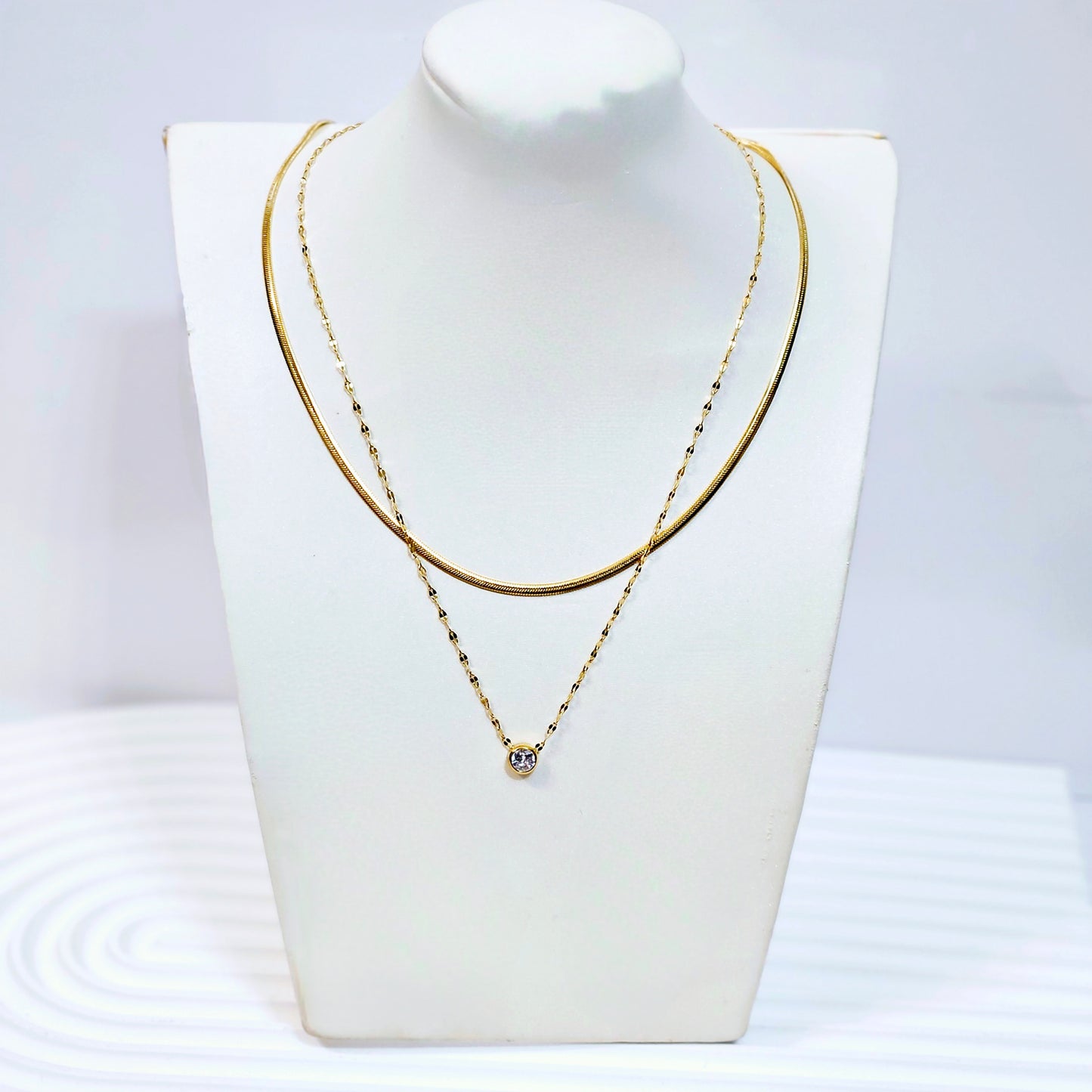 Double Layered Single Gem Necklace - Silver or Gold