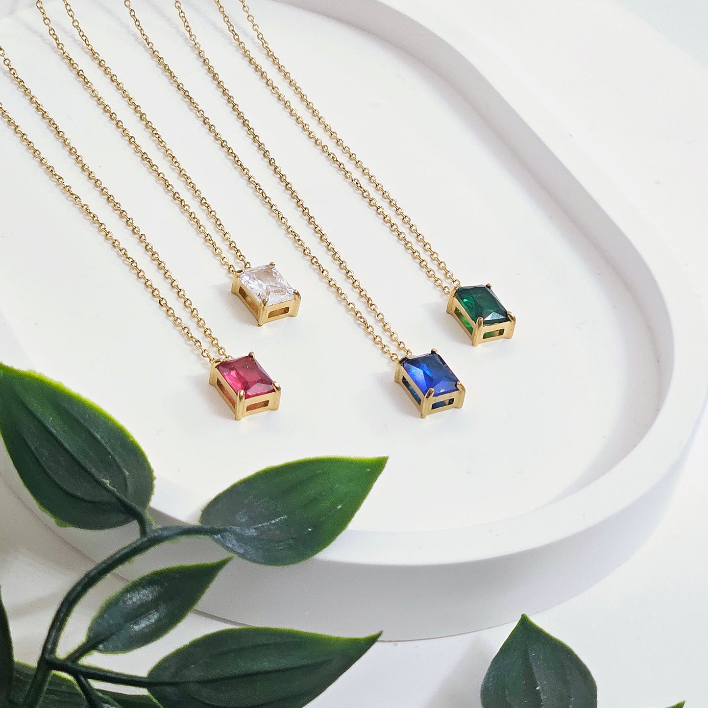 Rectangle Gem Necklace - 4 Stone Colors