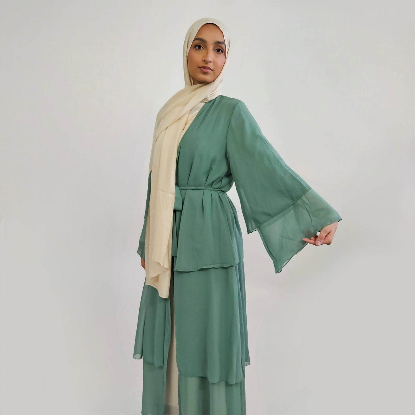 Tiered Open Chiffon Abaya - Turquoise