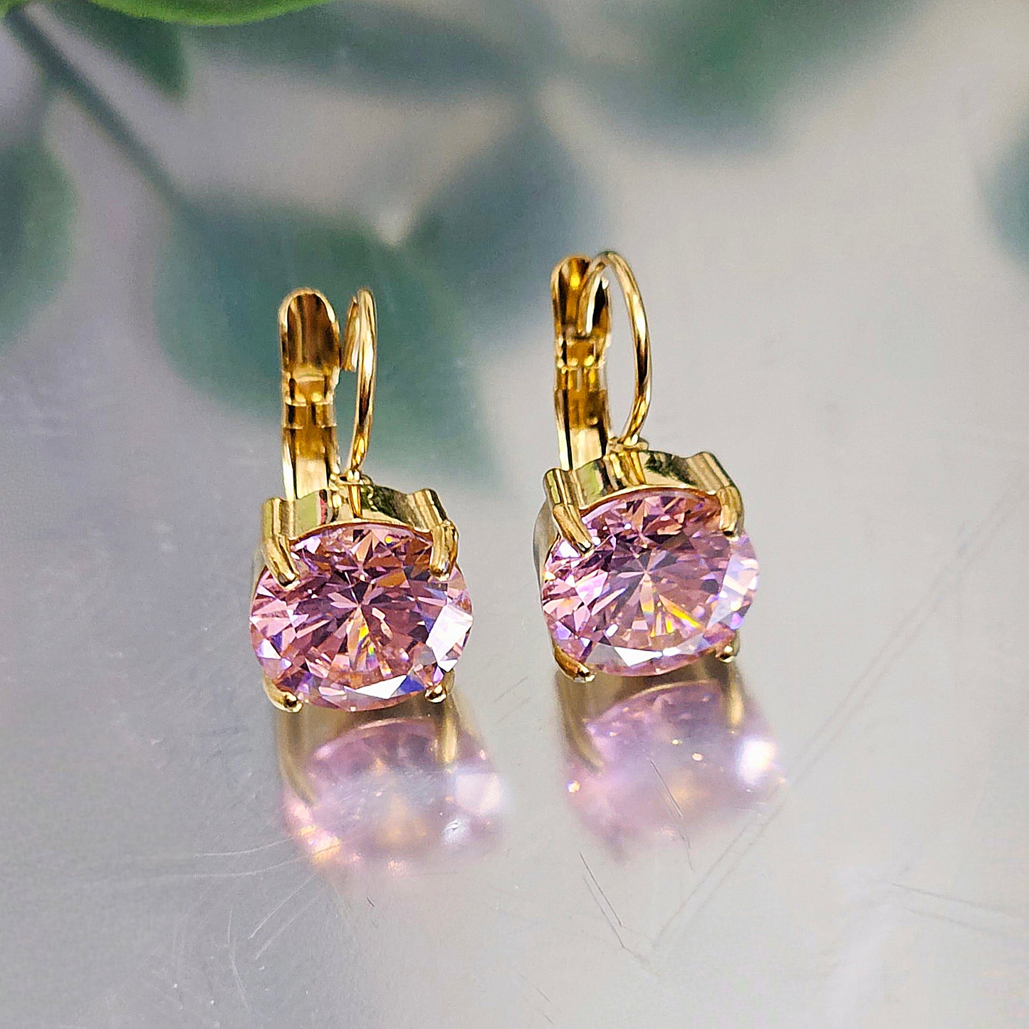 Square Clasp Hook Earrings - Pink Stone