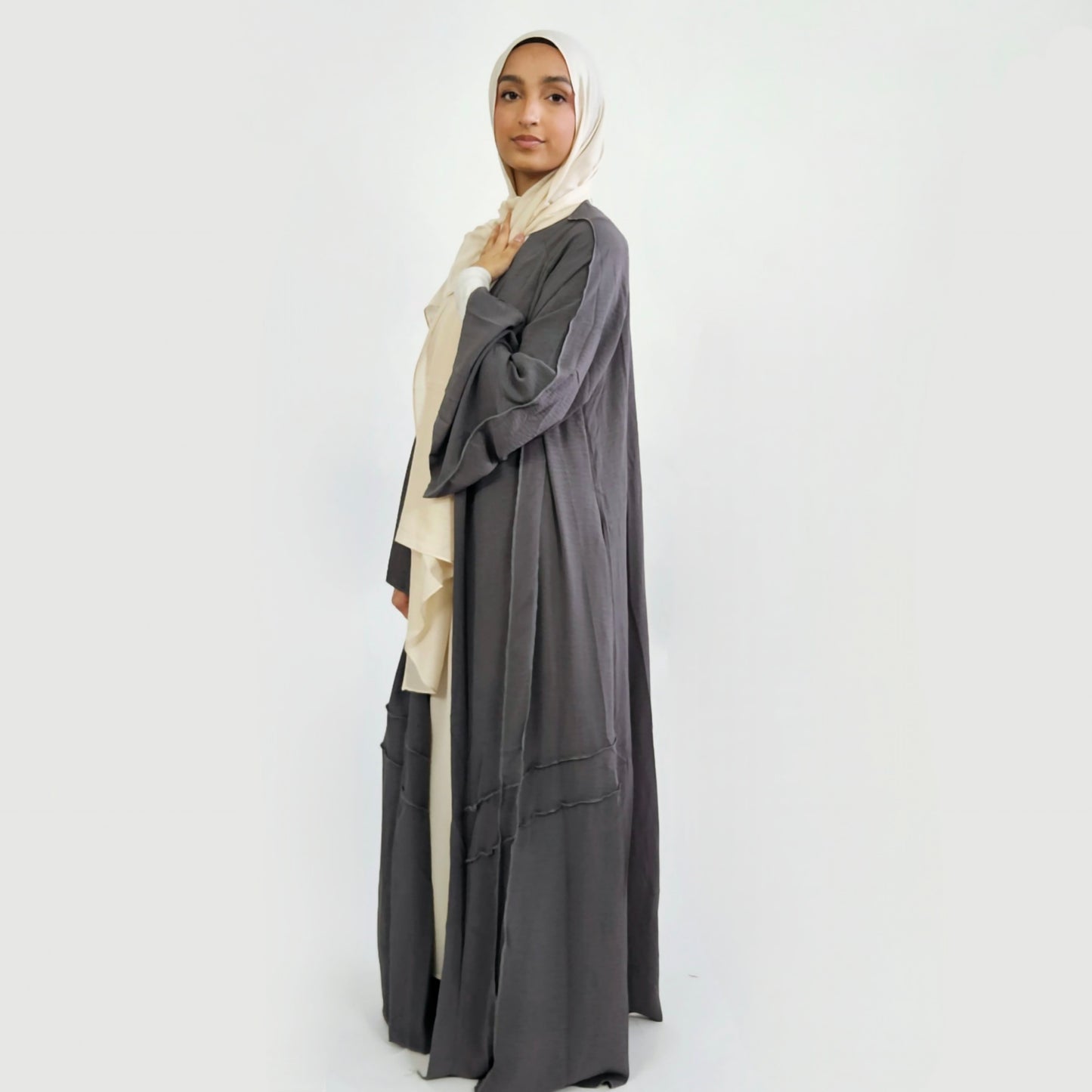Open Buttoned Rayon Abaya - Dark Grey