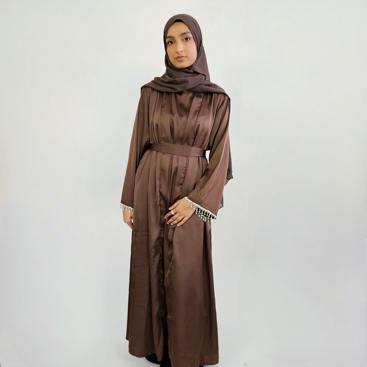 2 PC Inner & Outer Satin Gemmed Abaya - Chocolate Brown