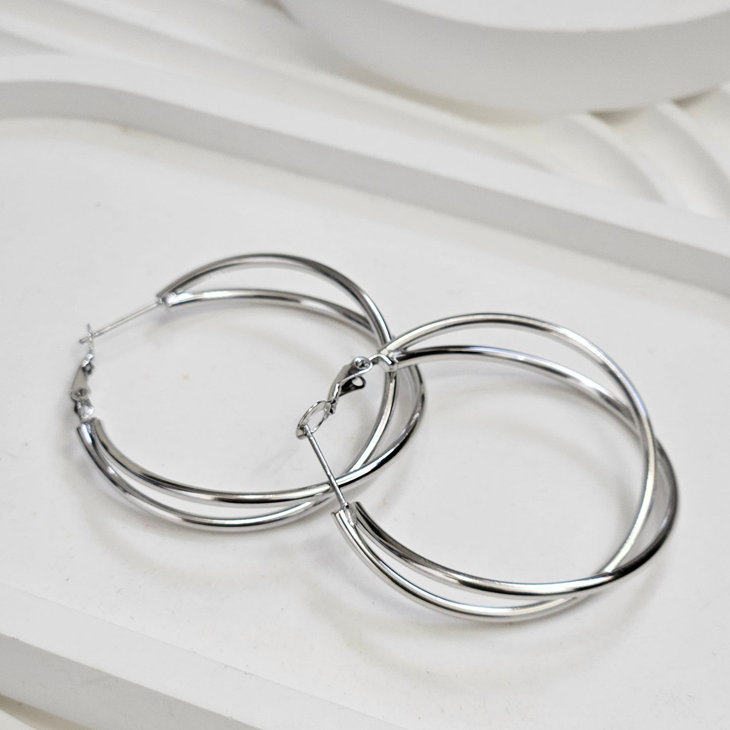 Double Attached Hoop Earrings - Silver