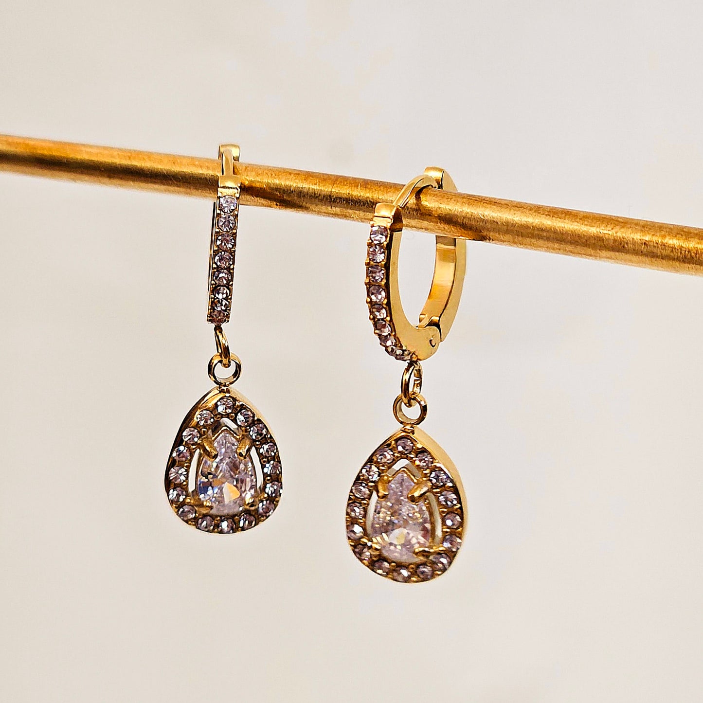 Dangle Pear Leaf Gemmed Earrings - Silver
