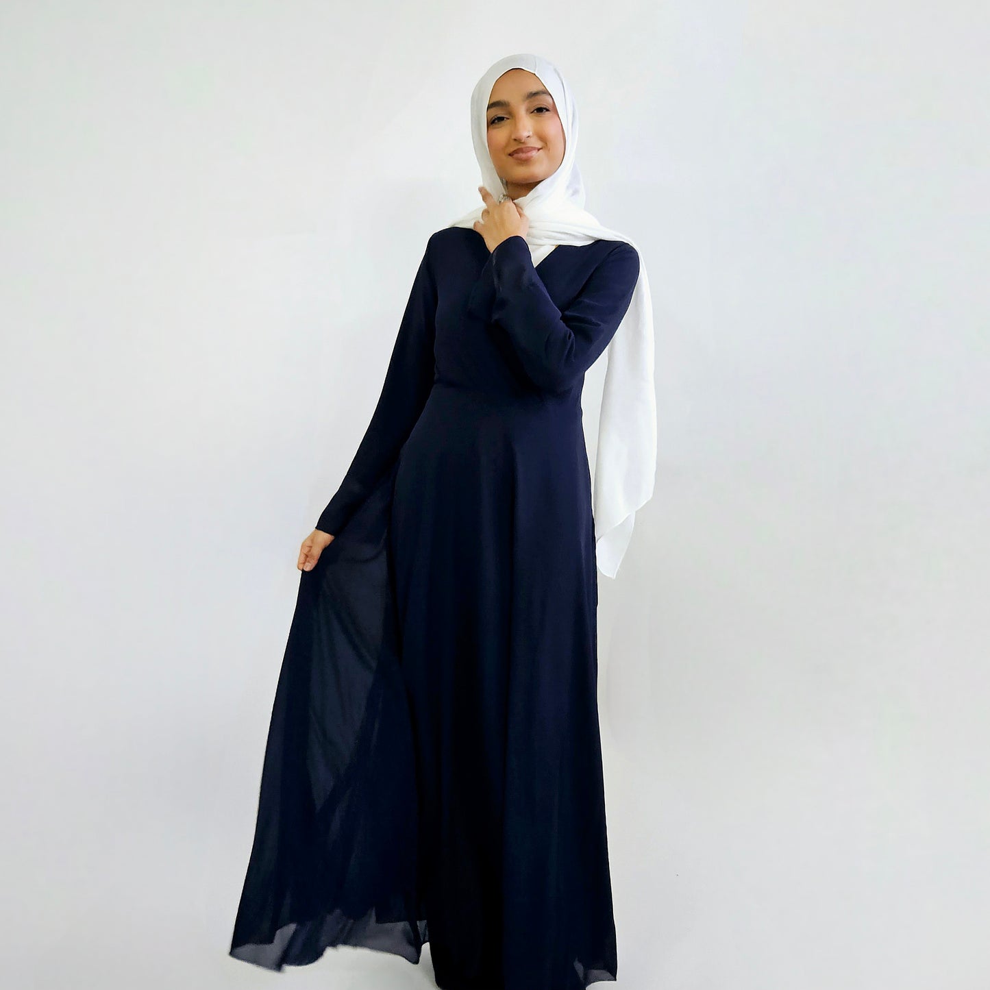 Layered V-Neck Chiffon Dress - Navy Blue