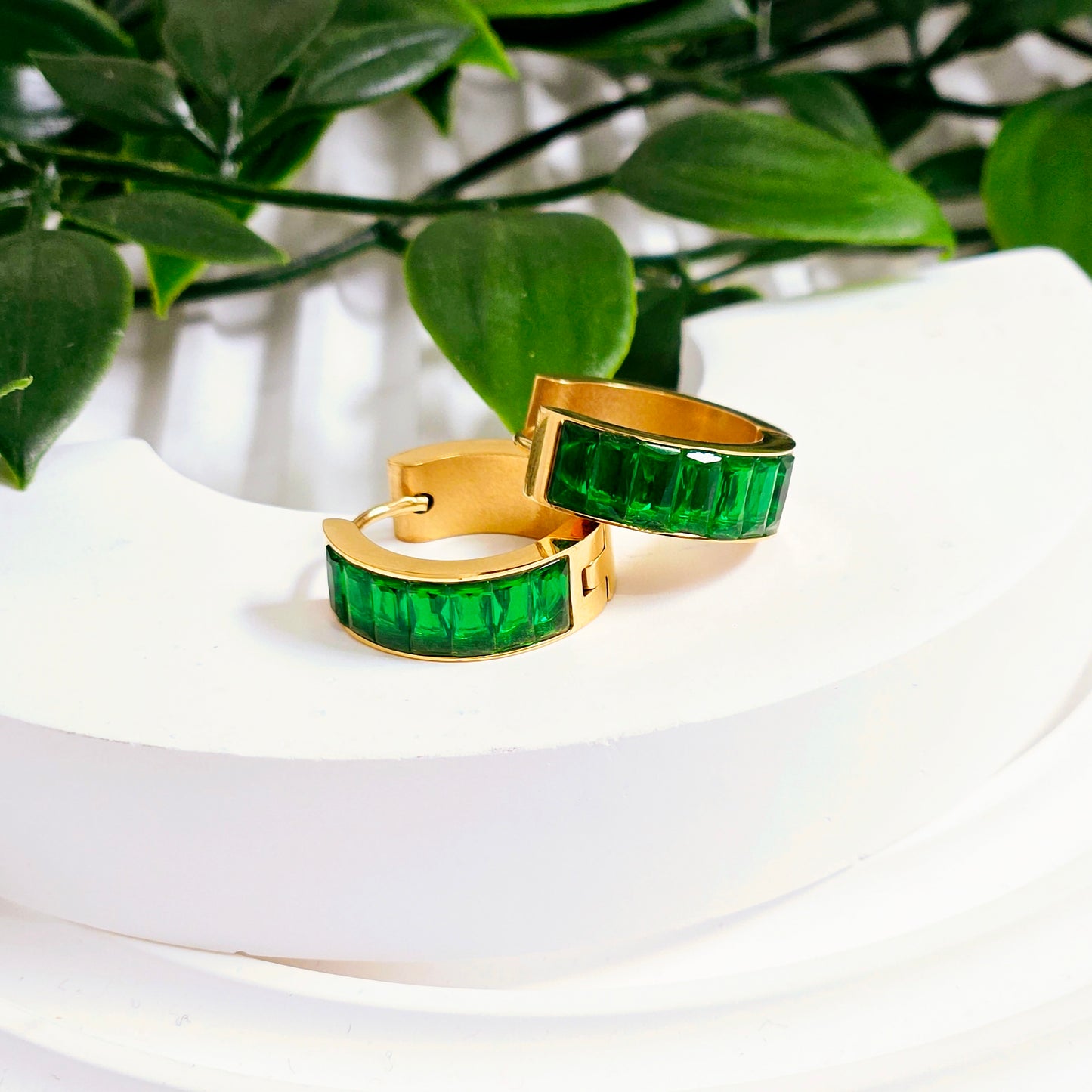Gem Studded Circle Earrings - Green Stone