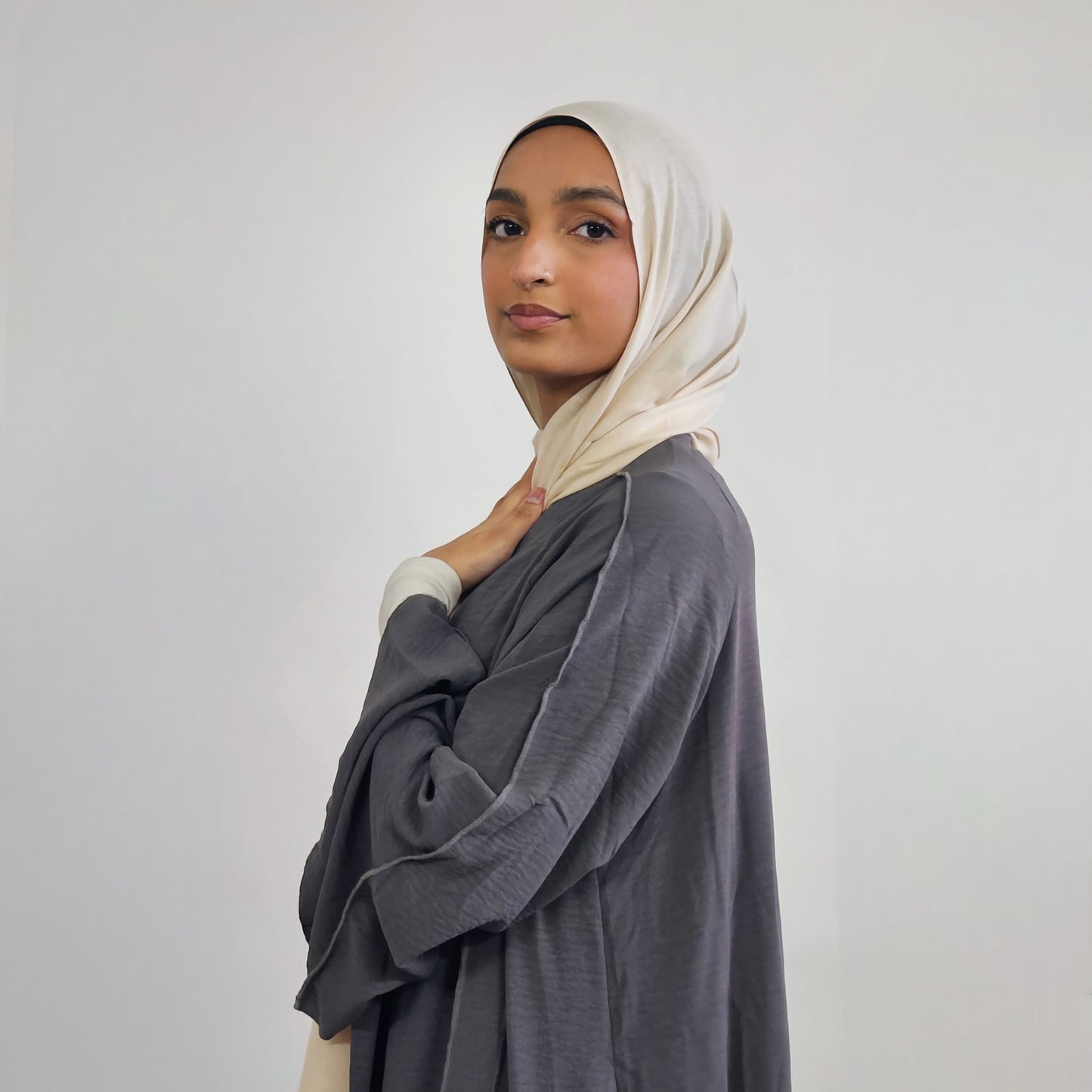 Open Buttoned Rayon Abaya - Dark Grey