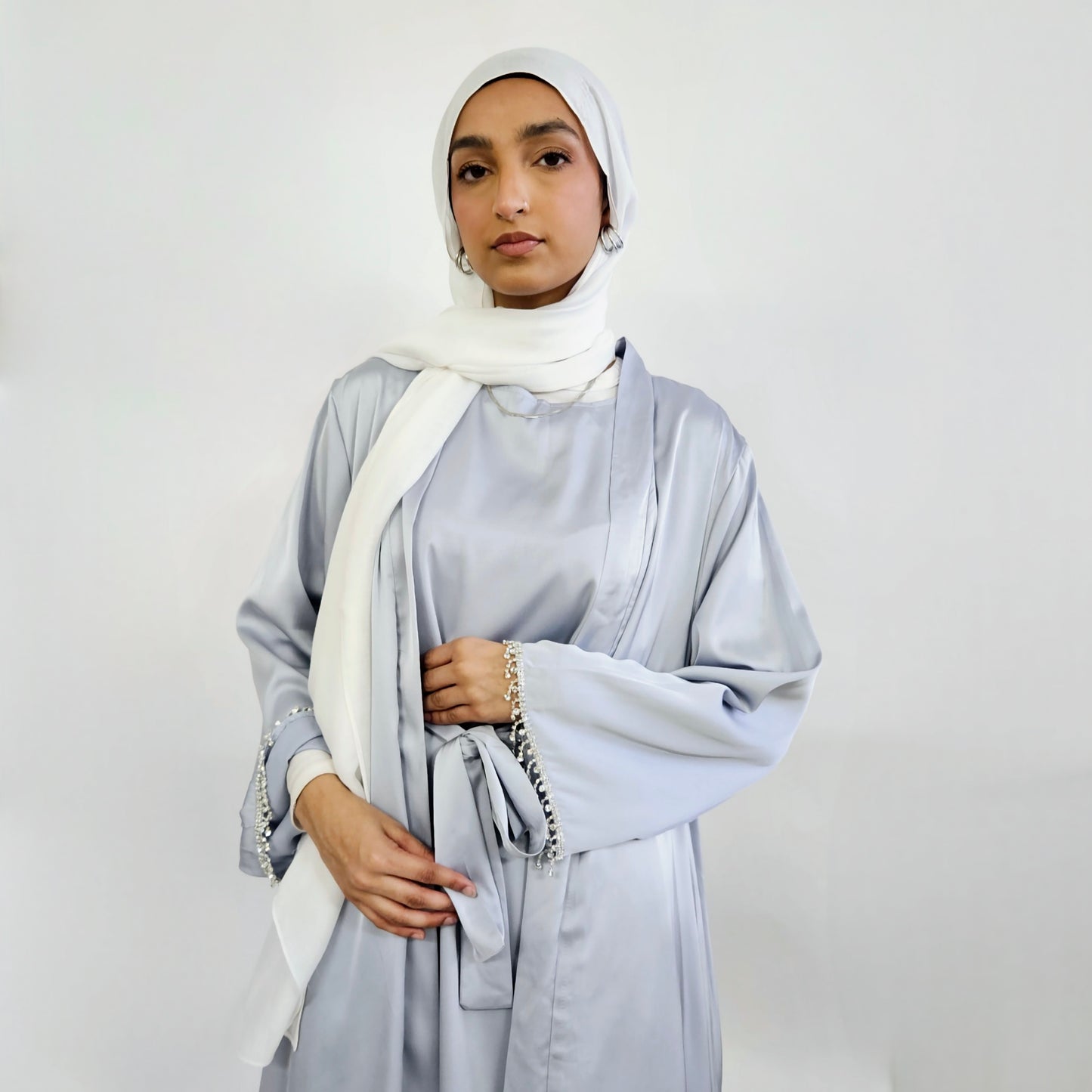 2 PC Inner & Outer Satin Gemmed Abaya - Light Silver Blue