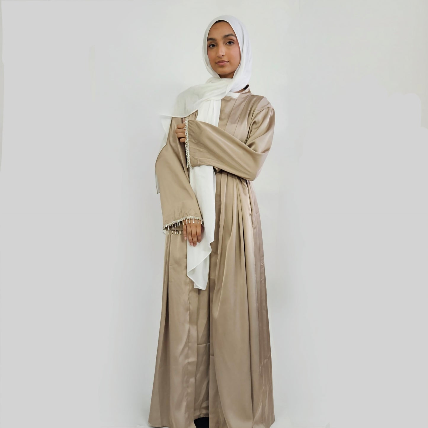 2 PC Inner & Outer Satin Gemmed Abaya - Latte