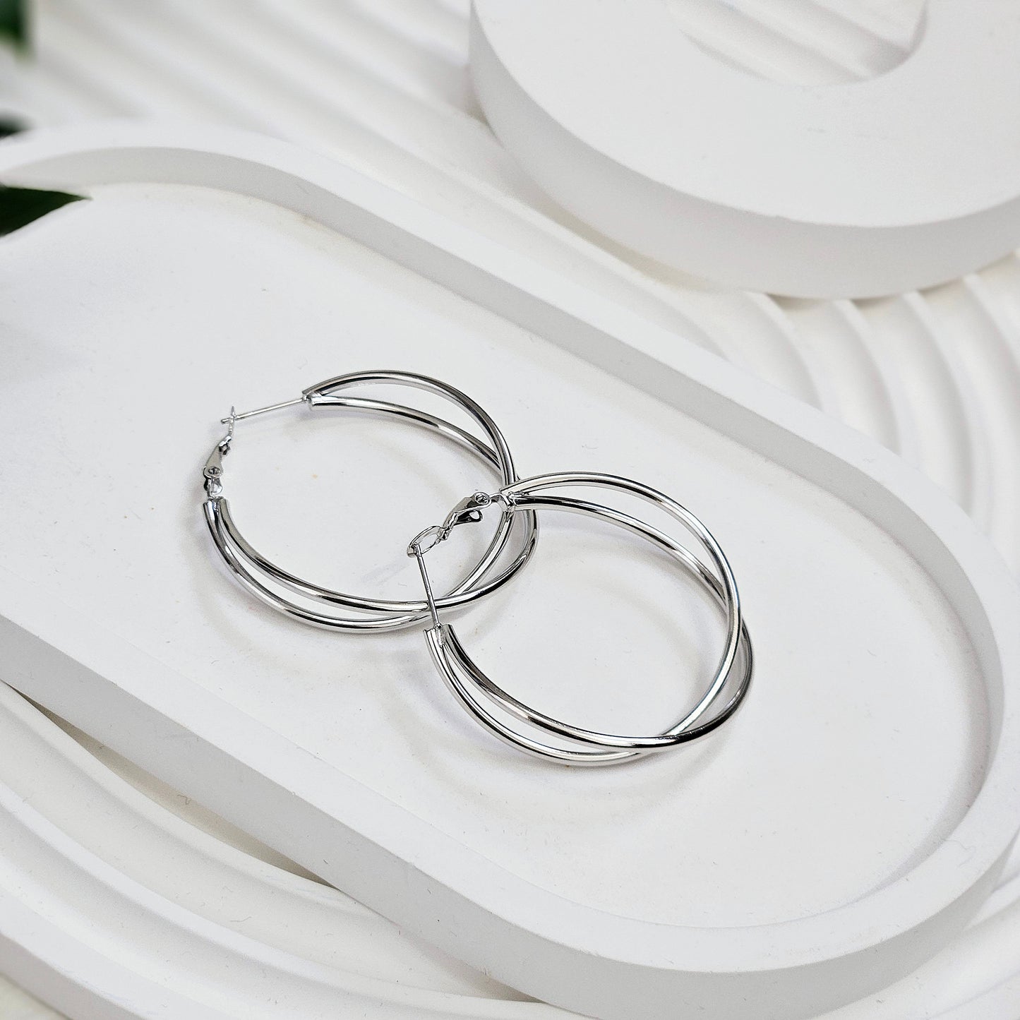 Double Attached Hoop Earrings - Silver