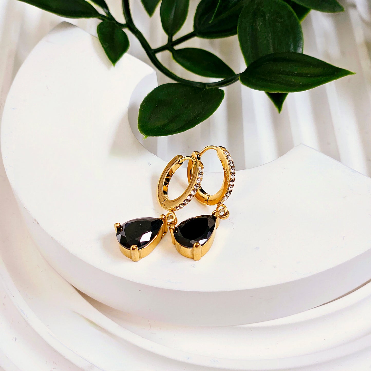 Dangle Pear Gemmed Earrings - Black Stone