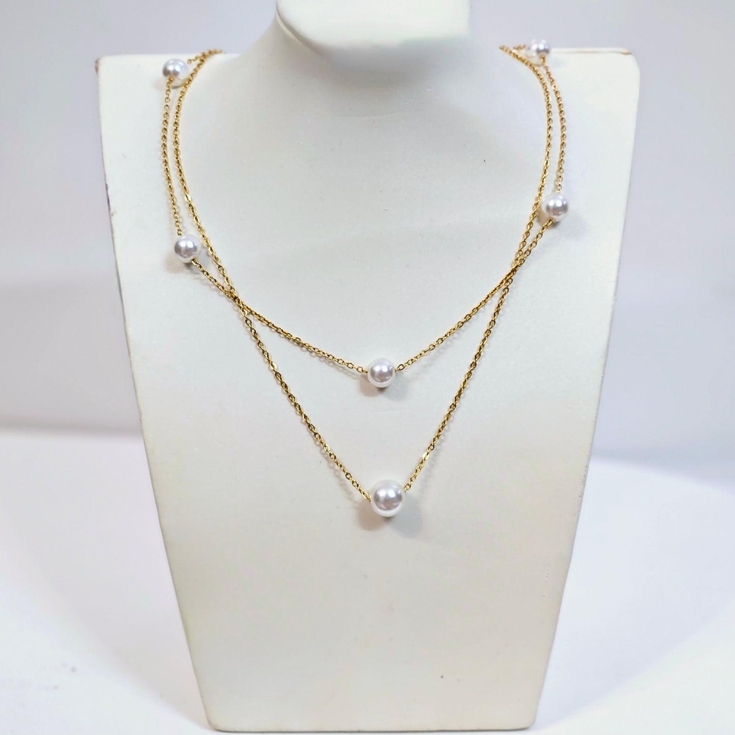 Double Layered Pearls Necklace - Silver or Gold