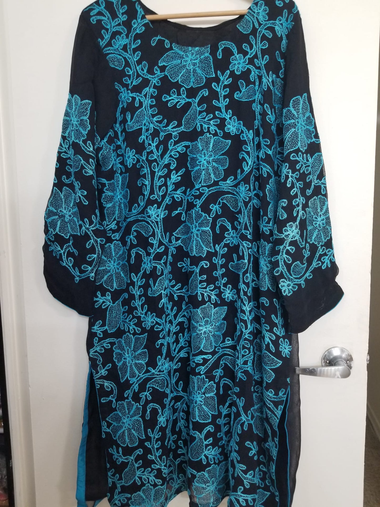 Kameez Shalwar (3 pc) - Fancy Hand Embroidered Chiffon Suit- Fancy Black and Blue