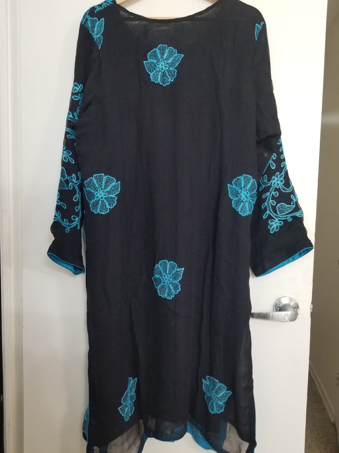 Kameez Shalwar (3 pc) - Fancy Hand Embroidered Chiffon Suit- Fancy Black and Blue