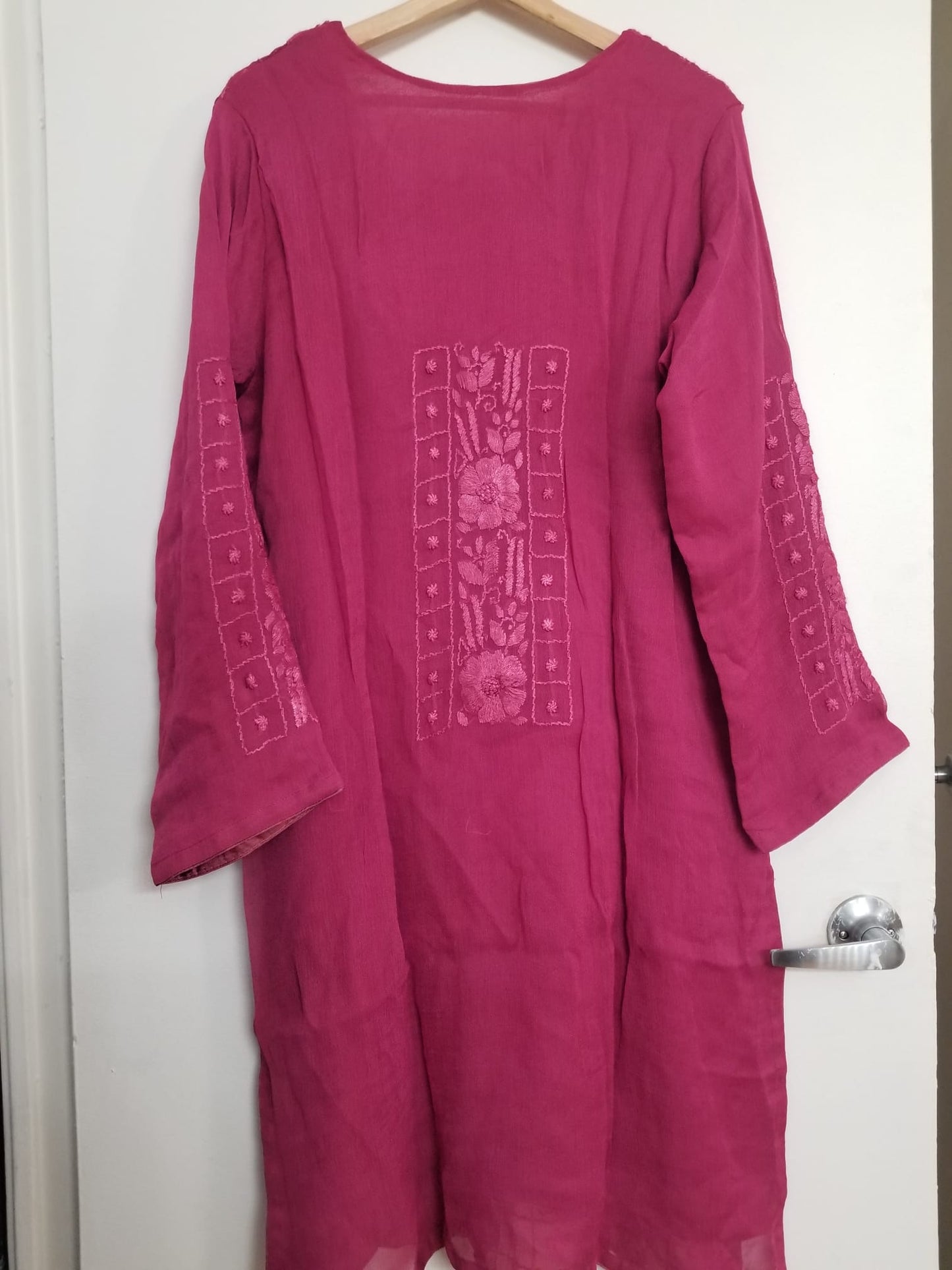 Kameez Shalwar (3 pc) - Fancy Hand Embroidered Chiffon Suit- Dusty Magenta different Neckline