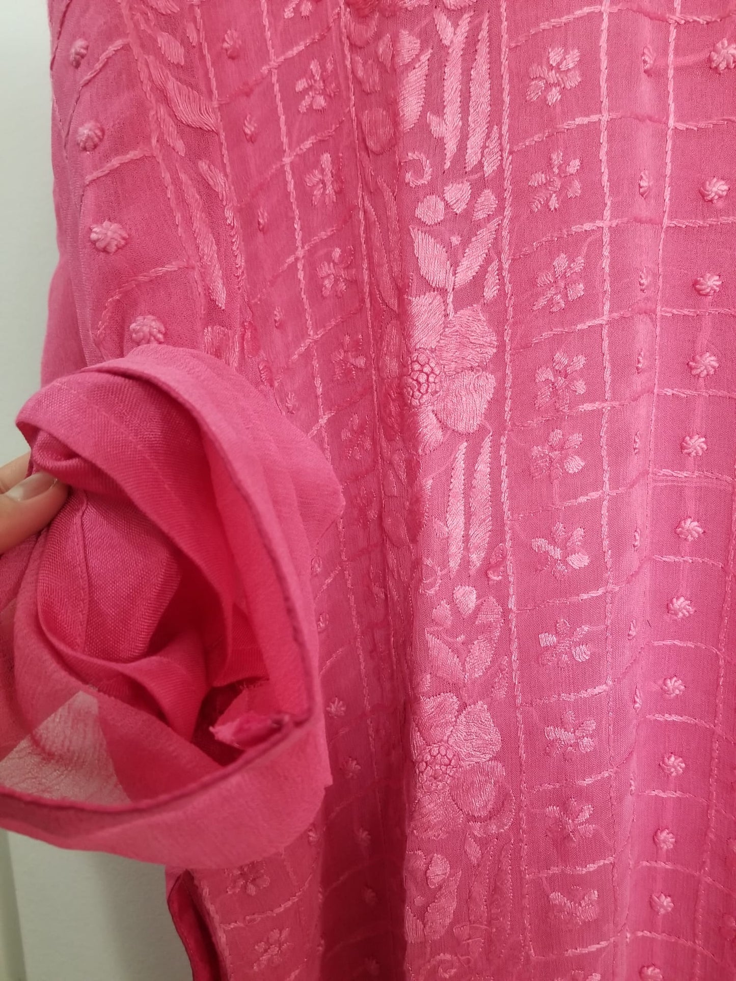 Kameez Shalwar (3 pc) - Fancy Hand Embroidered Chiffon Suit- Pink Rose