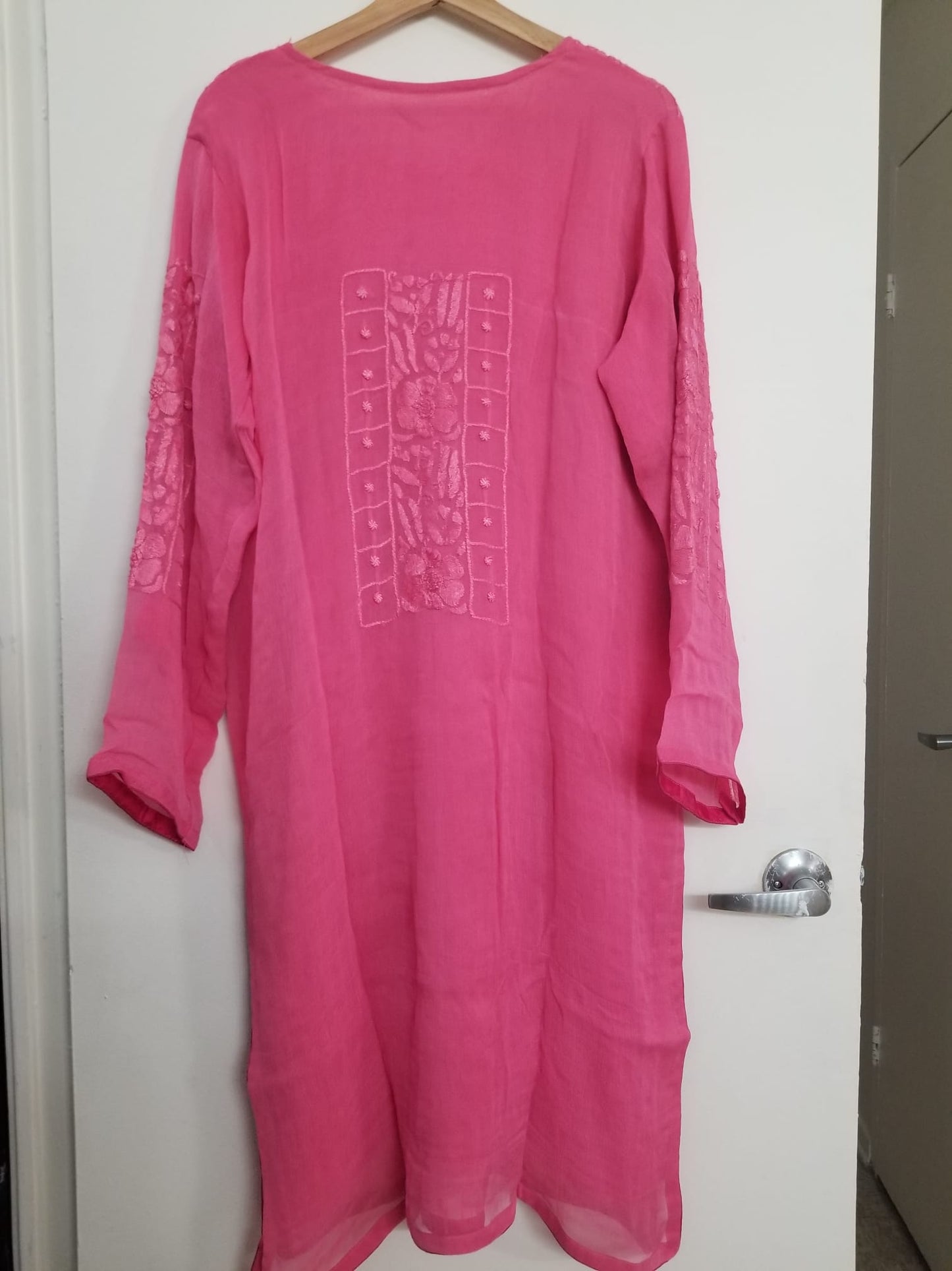 Kameez Shalwar (3 pc) - Fancy Hand Embroidered Chiffon Suit- Pink Rose