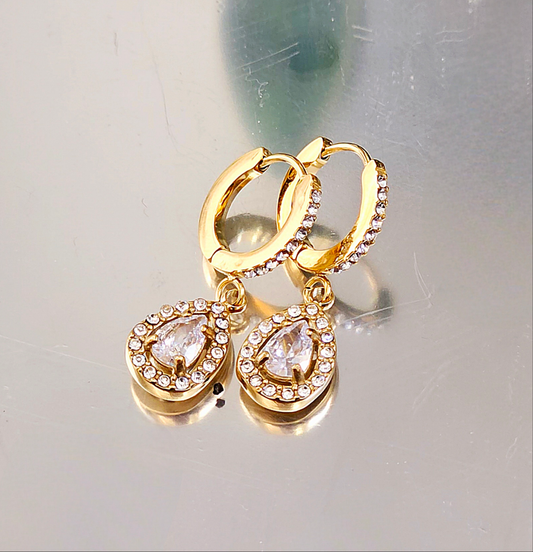 Dangle Pear Leaf Gemmed Earrings - Silver