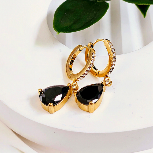 Dangle Pear Gemmed Earrings - Black Stone