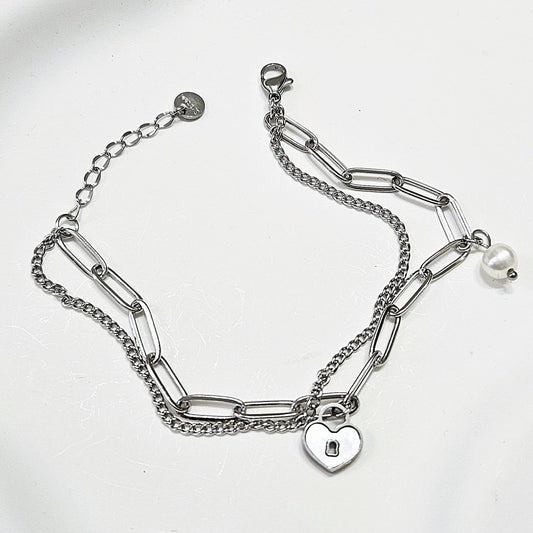Heart Lock Freshwater Pearl Bracelet - Silver