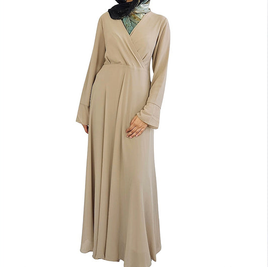 Layered V-Neck Chiffon Dress - Beige