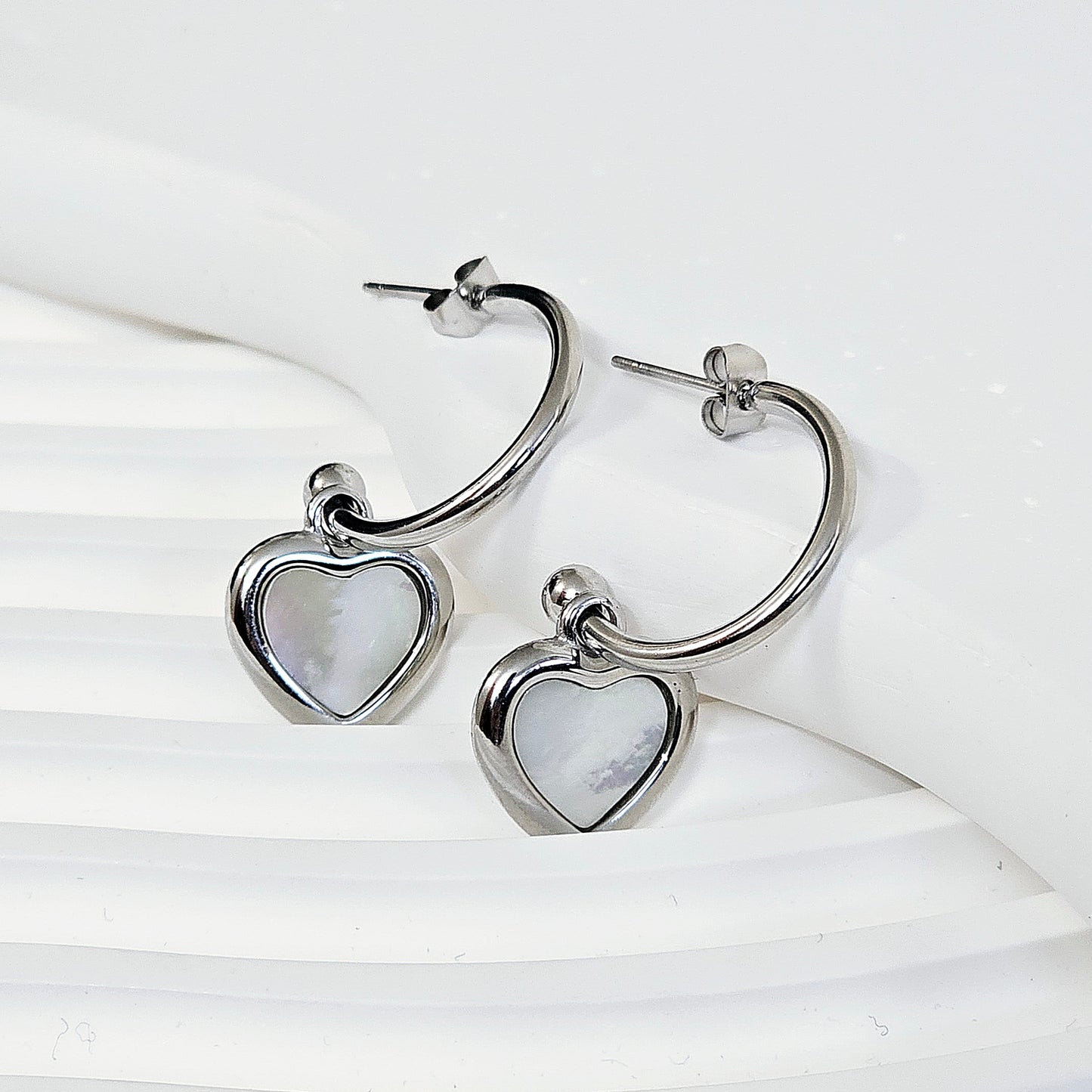 White Shell Heart Half Hoop Earrings