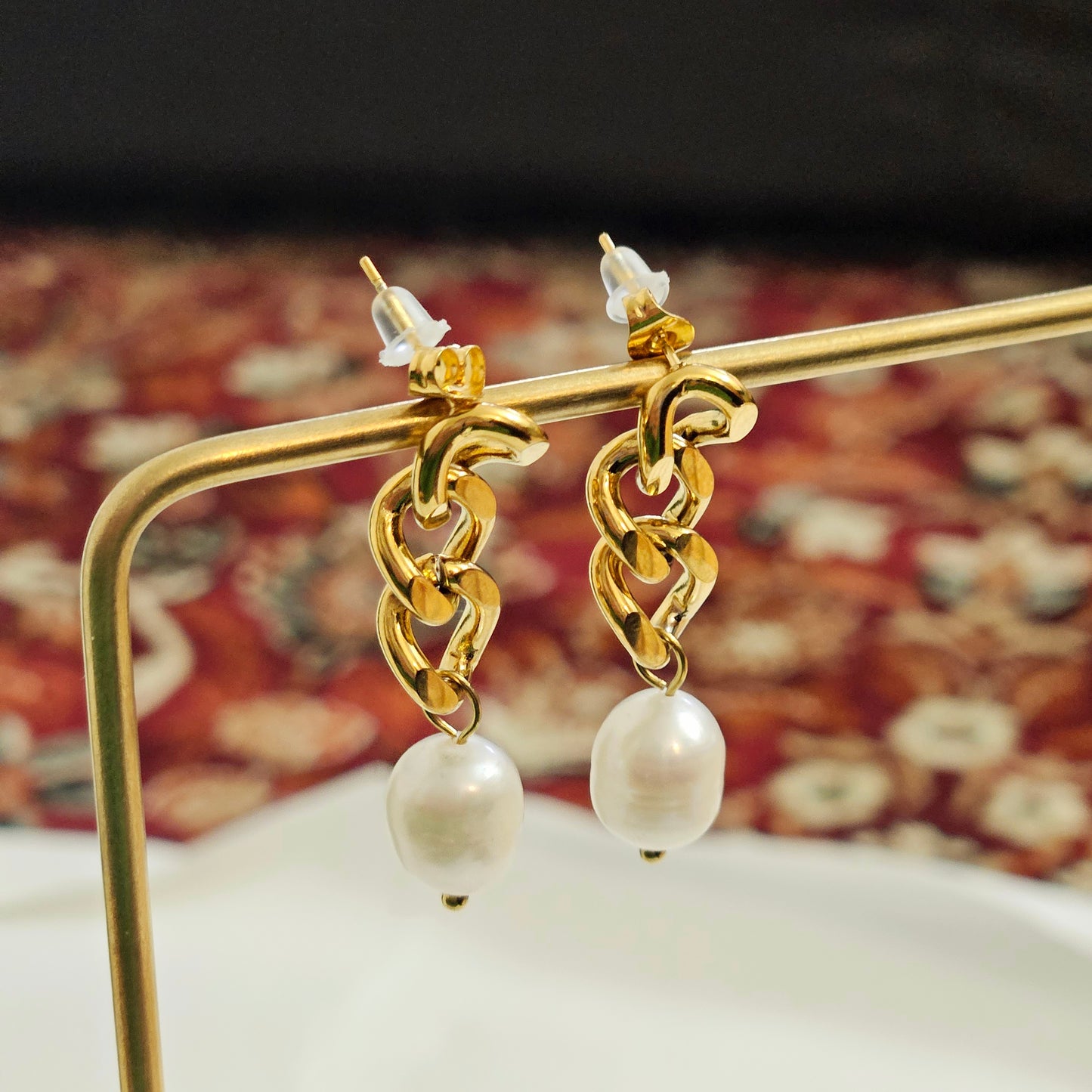 Cuban Chain Freshwater Pearl Drop Earrings