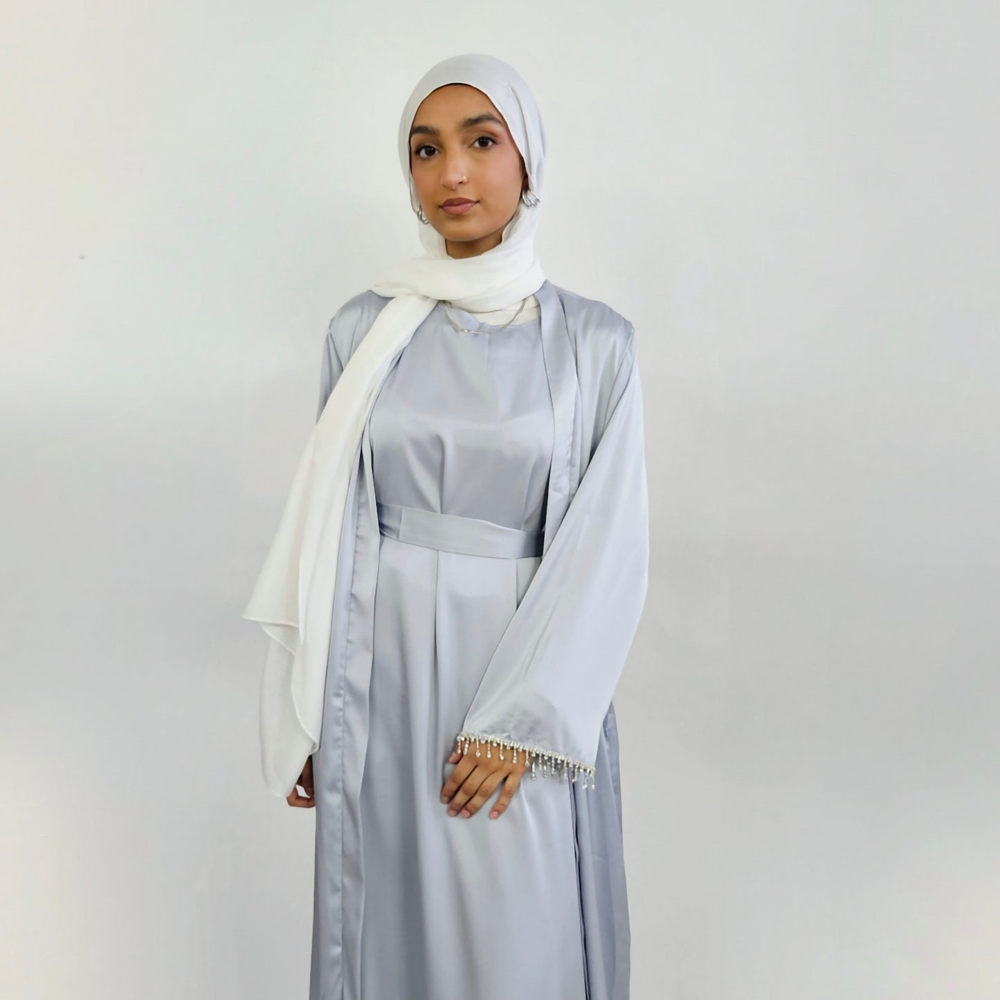 2 PC Inner & Outer Satin Gemmed Abaya - Light Silver Blue