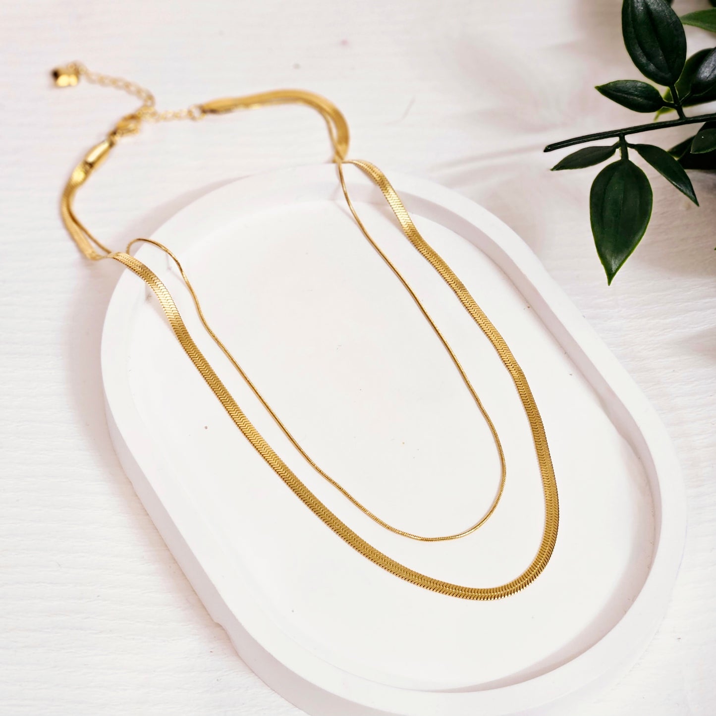 Double Layered Herringbone & Snake Necklace - Gold