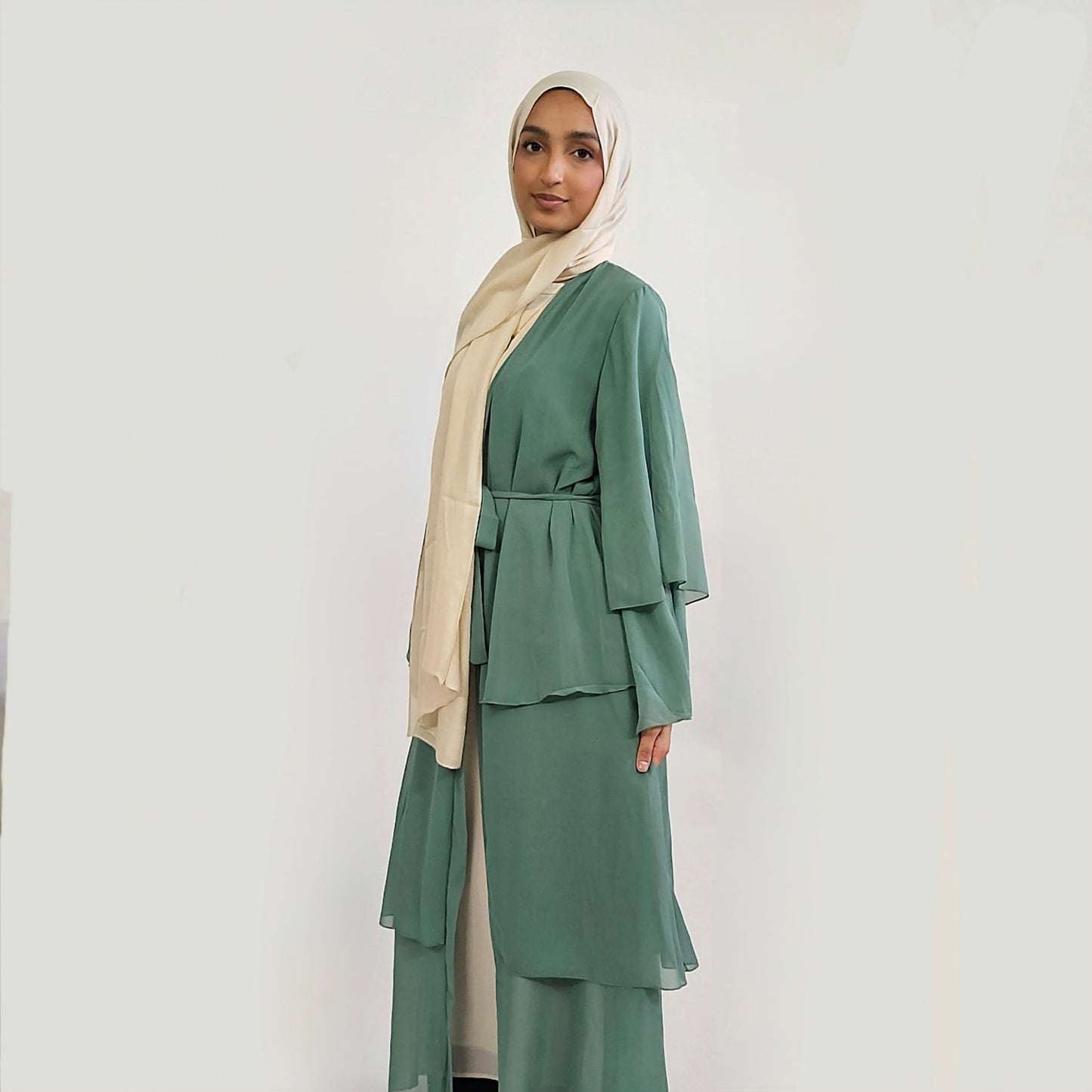 Tiered Open Chiffon Abaya - Turquoise