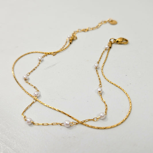 Pearl Dotted Double Layered Anklet Gold