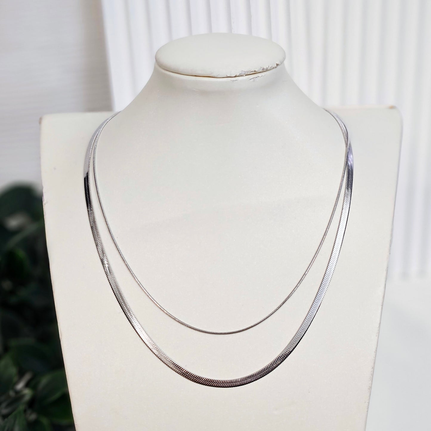 Double Layered Herringbone & Snake Necklace - Silver