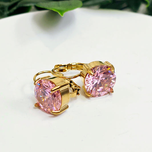 Square Clasp Hook Earrings - Pink Stone