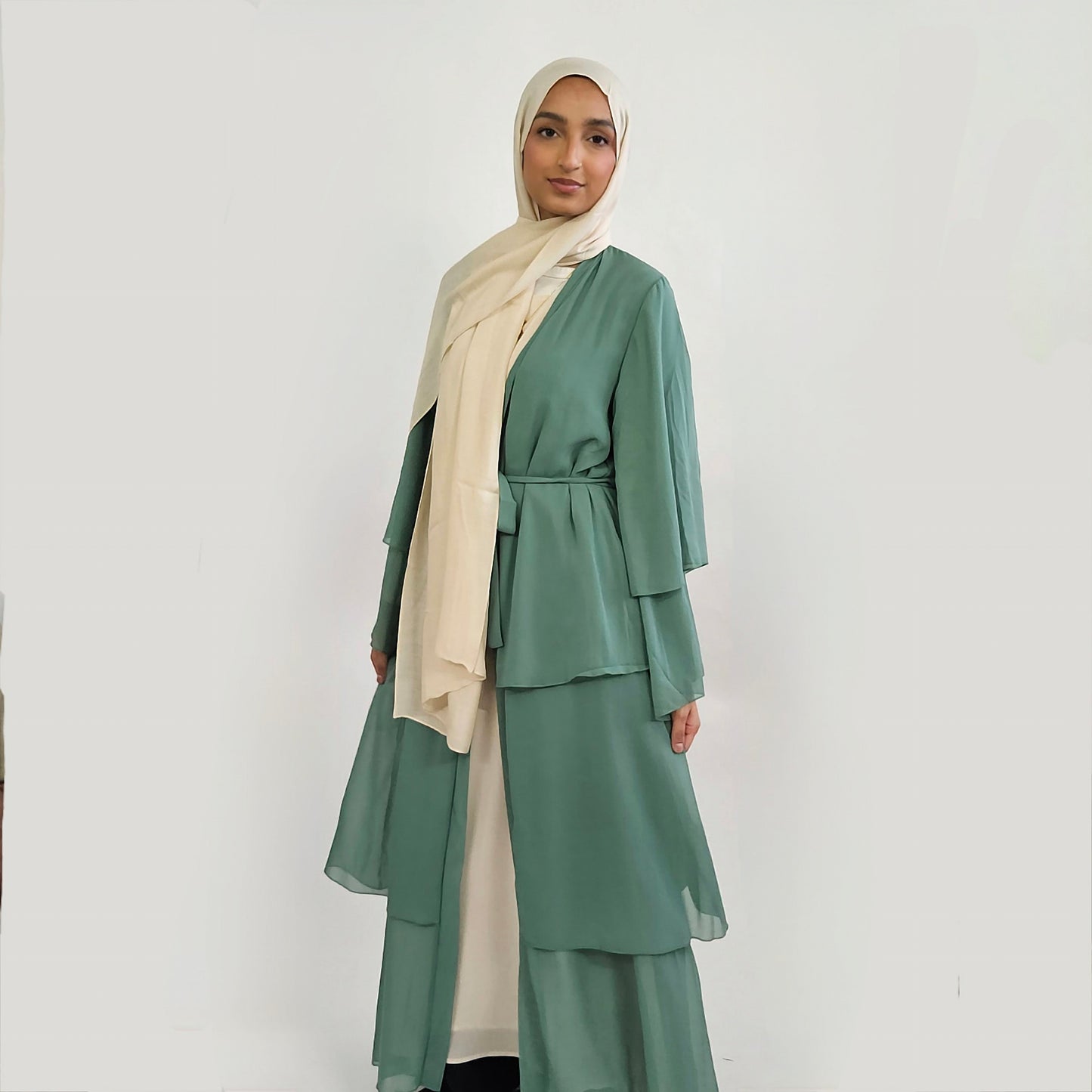 Tiered Open Chiffon Abaya - Turquoise