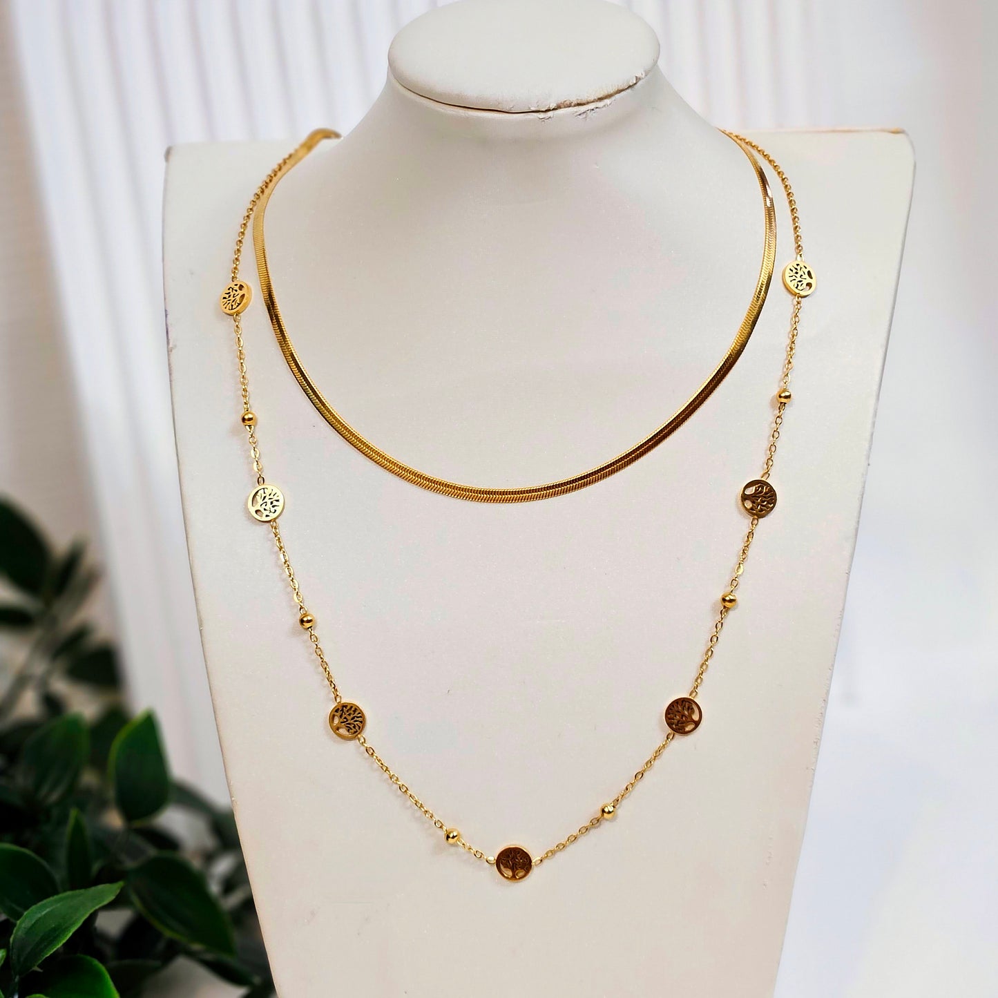 Double Layered Olive Tree & Herringbone Necklace