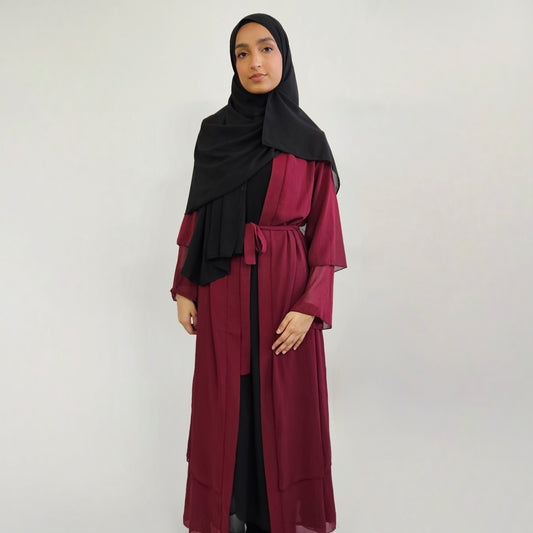 Tiered Open Chiffon Abaya - Maroon