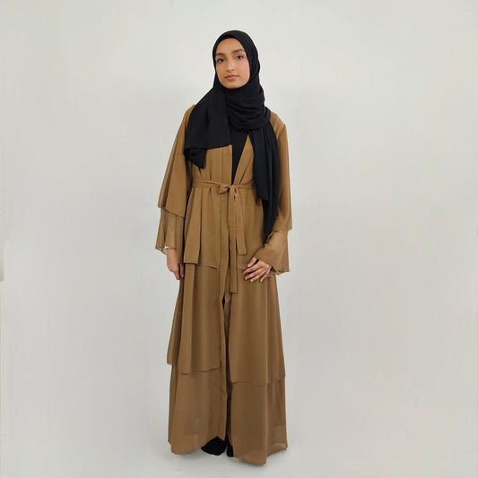 Tiered Open Chiffon Abaya - Chestnut Brown