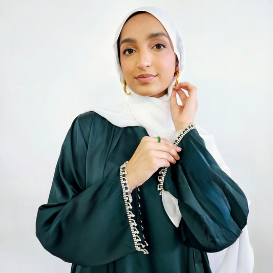 2 PC Inner & Outer Satin Gemmed Abaya - Emerald Green