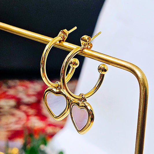 White Shell Heart Half Hoop Earrings