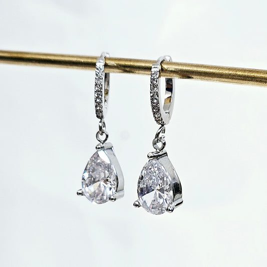 Dangle Pear Gemmed Earrings - Silver